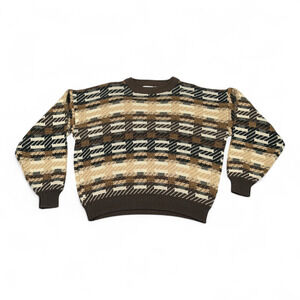 Vintage Sears Sweater Adult LARGE Brown Geometric Abstract Knit Cosby Dad 90s